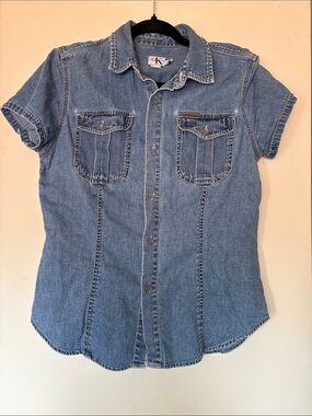 Calvin Klein Women's Short Sleeve Denim Button Shirt - Blue